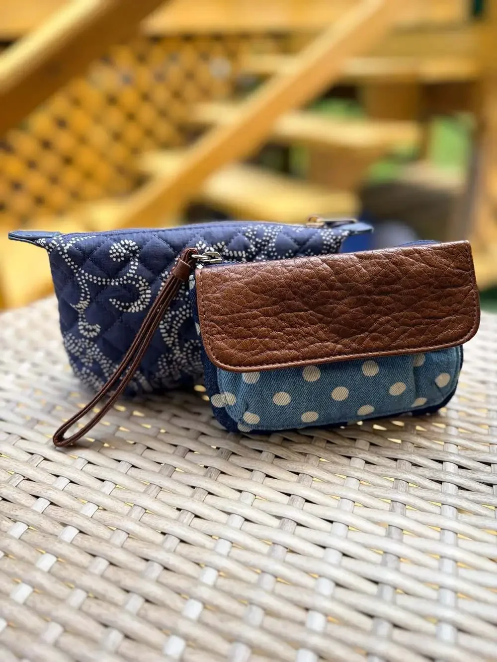 Navy printed makeup case and Polka Dot Denim Wristlet